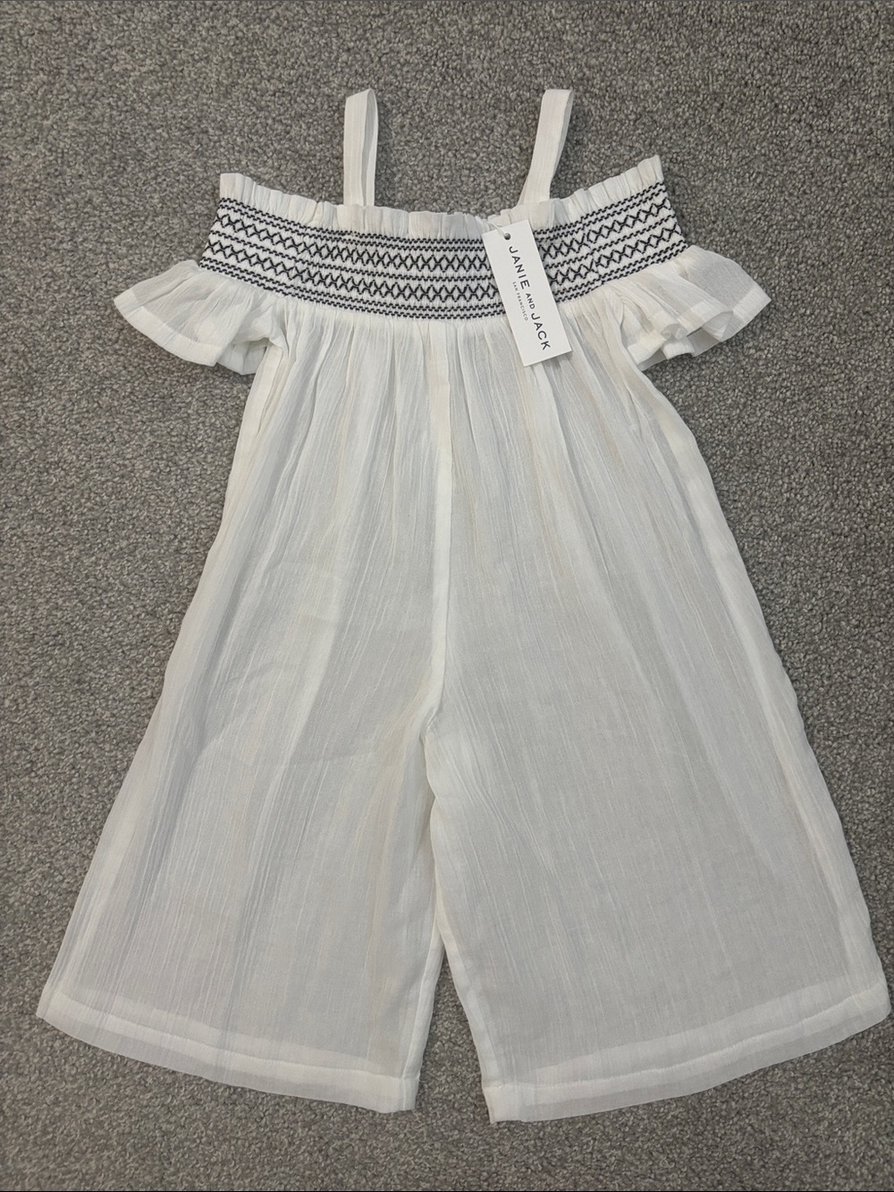Janie and Jack White Off-Shoulder Smocked Girls' One-Piece with Navy Detail